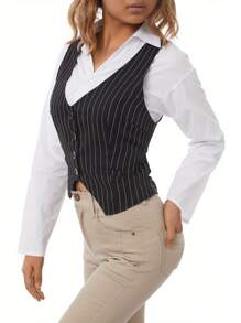 Female Waistcoat, Solid Color/ Striped V-Neck Sleeveless Tops Blouse Vest For Summer, S/M/L/XL/XXL - Khaki - View 5