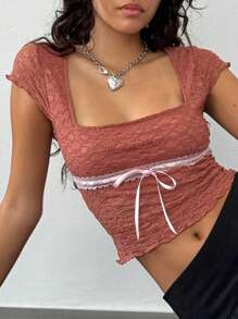 2026 New Women Lace Crop Top Square Neck Short Sleeve Sheer Blouse With Ribbon Bow Suitable For Going Out In Summer - Red - View 7