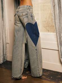Women Fashion Wide-Leg Jeans Star Print Loose Denim Pants Spring Fall Casual Baggy Trousers - Màu xanh lam - Xem 7