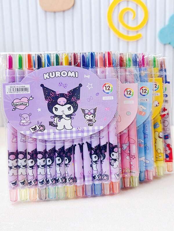 Sanrio 12 peças/conjunto Hello Kitty Cinnamoroll Melody Kuromi desenho animado fofo lápis de cera giratório, caneta de pintura de 12 cores, conjunto de papelaria em bastão de tinta, conjunto de lápis de cera longo em bastão de óleo