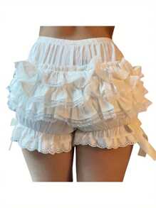 Women Soft Comfy Sleep Shorts Lace Spliced Bow Elastic Waist Pajama Shorts Lounge Homewear Short Pants - trắng - Xem 4
