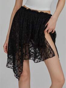 Minifaldas de verano para mujer, con dobladillo irregular y encaje floral, para uso diario, viajes y fiestas. - Negro - Ver 7