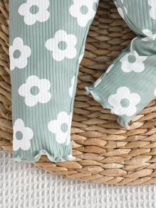 2pcs/Set Baby Girls Casual Simple Solid Color & Floral Print Leggings, Lightweight For Spring/Autumn - Green - View 10