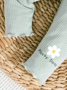 2pcs/Set Baby Girls Casual Simple Solid Color & Floral Print Leggings, Lightweight For Spring/Autumn - Green - View 6