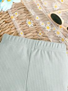 2pcs/Set Baby Girls Casual Simple Solid Color & Floral Print Leggings, Lightweight For Spring/Autumn - Green - View 4