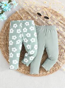 2pcs/Set Baby Girls Casual Simple Solid Color & Floral Print Leggings, Lightweight For Spring/Autumn - Green - View 2