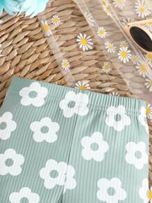 2pcs/Set Baby Girls Casual Simple Solid Color & Floral Print Leggings, Lightweight For Spring/Autumn - Green - View 8