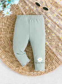 2pcs/Set Baby Girls Casual Simple Solid Color & Floral Print Leggings, Lightweight For Spring/Autumn - Green - View 3