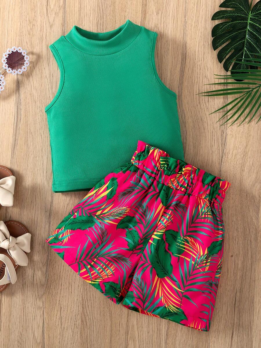 Young Girl Solid Ribbed Tank Top And Tropical Plant Print Shorts Set, Summer Vacation Beach Fashion Cute Minimalist Girls Outfit