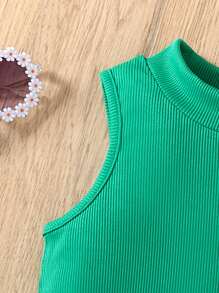 Young Girl Solid Ribbed Tank Top And Tropical Plant Print Shorts Set, Summer Vacation Beach Fashion Cute Minimalist Girls Outfit - Multicolor - View 7