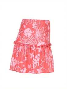 Women's A-Line Mini Skirt, High Waist Floral Print Frill Trim Above Knee Short Skirt - Rosa - Ver 2