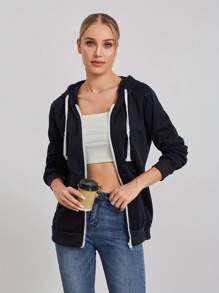 Women's Zip Up Hoodies Long Sleeve Solid Color Classic Fit Sweatshirts Jackets Streetwear Tops - Navy Blue - View 5