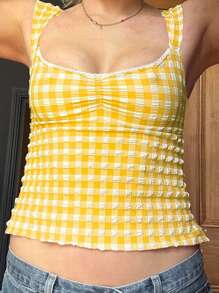 Women Camisole, Sleeveless Low-Cut Backless Plaid Tops Lace Trim Slim Fit Summer Vest - 黃色 - 查看 3