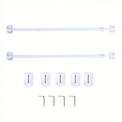 2 varões de cortina circulares pequenos, varões de cortina de comprimento ajustável, 4 parafusos em forma de Z e 5 suportes de plástico adesivos