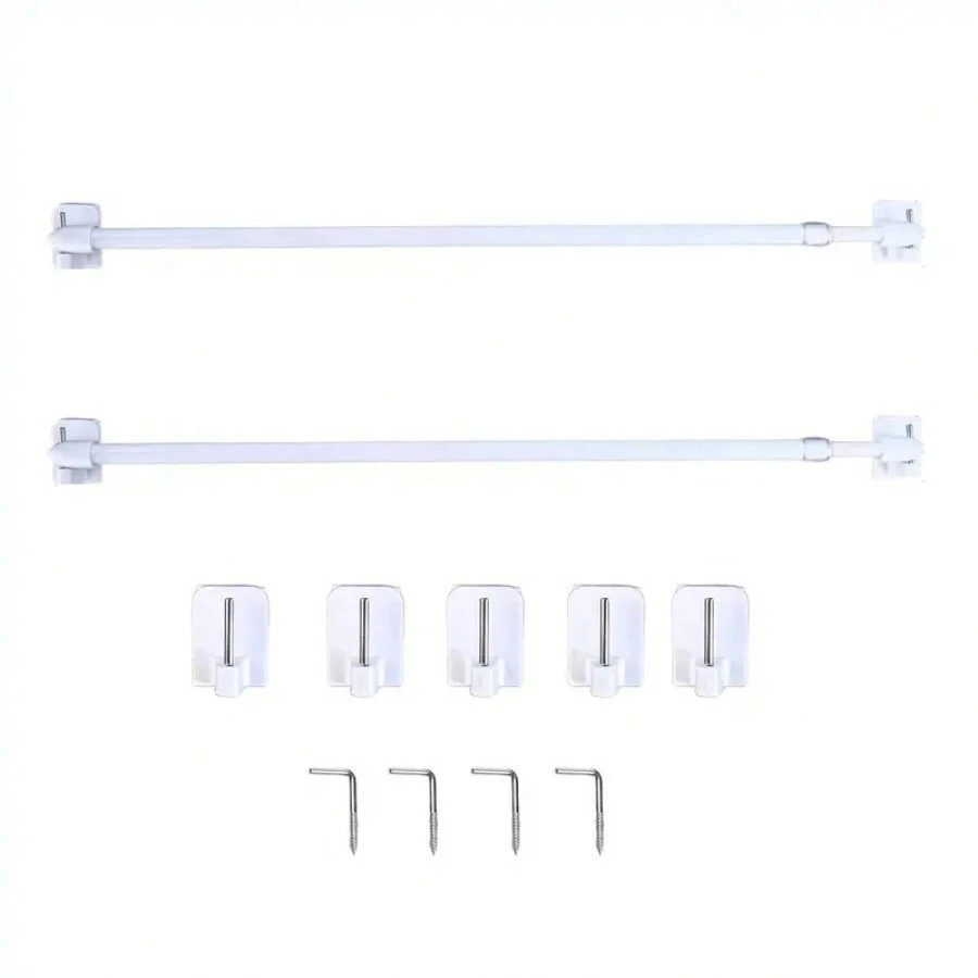 2 piezas Barras de cortina redondas pequeñas, Barras de cortina ajustables y extensibles, 4 piezas Tornillos en forma de 7 y 5 piezas Soportes de plástico adhesivos - Blanco - Ver 1