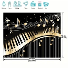 1pc Piano Theme Photography Background With Golden Musical Notes And Piano Keyboard, Birthday Party Art Studio Photo Backdrop Prop, Party Decorations, Home Wall Decor, Holiday Supplies
