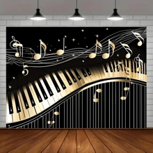 1pc Piano Theme Photography Background With Golden Musical Notes And Piano Keyboard, Birthday Party Art Studio Photo Backdrop Prop, Party Decorations, Home Wall Decor, Holiday Supplies