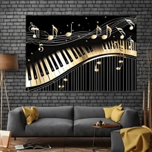 1pc Piano Theme Photography Background With Golden Musical Notes And Piano Keyboard, Birthday Party Art Studio Photo Backdrop Prop, Party Decorations, Home Wall Decor, Holiday Supplies