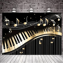 1pc Piano Theme Photography Background With Golden Musical Notes And Piano Keyboard, Birthday Party Art Studio Photo Backdrop Prop, Party Decorations, Home Wall Decor, Holiday Supplies