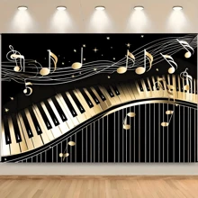 1pc Piano Theme Photography Background With Golden Musical Notes And Piano Keyboard, Birthday Party Art Studio Photo Backdrop Prop, Party Decorations, Home Wall Decor, Holiday Supplies