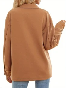 Women Long Sleeve Button-Up Coat, Solid Color/Plaid Print Lapel Neck Tops For Spring, Fall - Camel - View 4