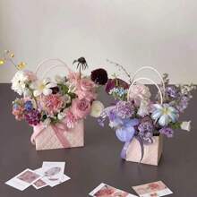 6/3个装和1个装粉色/绿色/紫色牛皮纸鲜花礼品袋，牛皮纸鲜花礼品手提袋，情人节鲜花礼盒，便携式花束包装袋，带提手的防水鲜花礼盒，母亲节鲜花礼品袋，适用于情人节、婚礼和生日 - 彩色 - 查看 5