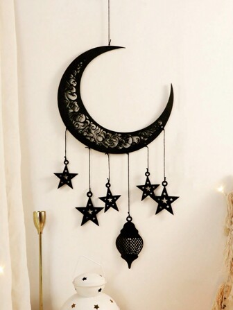 1pc Wooden Hollow Moon & Star Lantern - Hanging Decor, Wooden Ornament, Suitable For Room Decor, Home Decor, Kitchen Decor, Wedding Decor, Dining Table Centerpiece, Office Decor, Garden Decor, Outdoor Decor, Housewarming, Birthday, Graduation, Eid Gift
