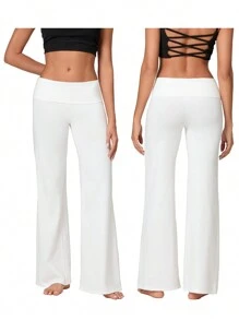Women's Flare Leggings Fold Over Yoga Pants Flared Leggings Bell Bottom Y2K Low Rise Wide Leg Lounge Sweatpants - White - View 2