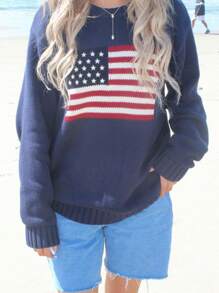 Women's Patriotic Sweater Stars Stripe Flag Print Round Neck Long Sleeve Pullovers 4th Of July Loose Casual Knit Jumpers - màu xanh nước biển - Xem 3