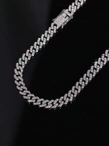 kuuioe 1pc Full Rhinestone Hip-Hop Design Three Rhinestone Chain Necklace 1cm Width Exquisite Shiny Clavicle Chain, Party Jewelry, Suitable For Daily Matching, Perfect New Year Gift, Valentine's Day Gift, Mom, Mother, Mother's Day, Gift