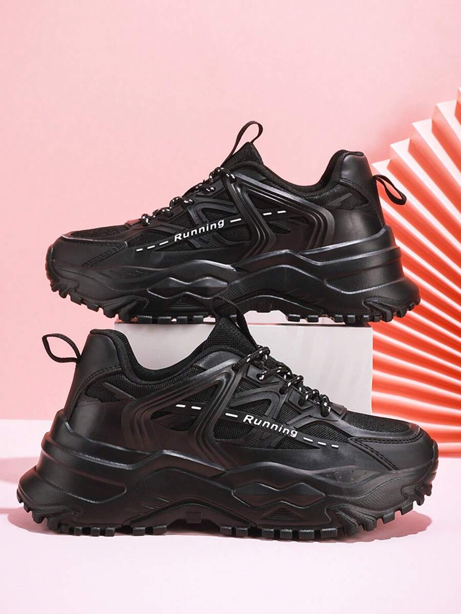 女士户外度假训练跑步运动厚底运动鞋，舒适透气，防滑耐穿，减震增高，适合春季装 - 黑色 - 查看 1