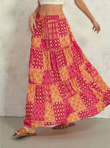 Women's Bohemian Skirts Vintage Elastic High Waist A-Line Skirts Tiered Long Skirts With Pockets - 黃色 - 查看 8