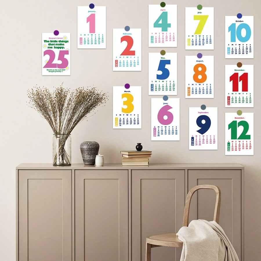 13pcs 2025 Calendar Postcards Set Colorful Plaid Design, Mini