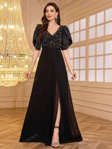 UNITHORSE Vestido de fiesta, vestido de invitada de boda, vestido formal, traje elegante con cuello en V, parches de lentejuelas, gasa con abertura alta, cintura fruncida, color negro