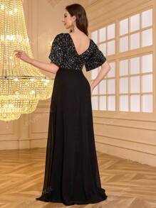 UNITHORSE Vestido de fiesta, vestido de invitada de boda, vestido formal, traje elegante con cuello en V, parches de lentejuelas, gasa con abertura alta, cintura fruncida, color negro