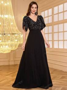 UNITHORSE Vestido de fiesta, vestido de invitada de boda, vestido formal, traje elegante con cuello en V, parches de lentejuelas, gasa con abertura alta, cintura fruncida, color negro