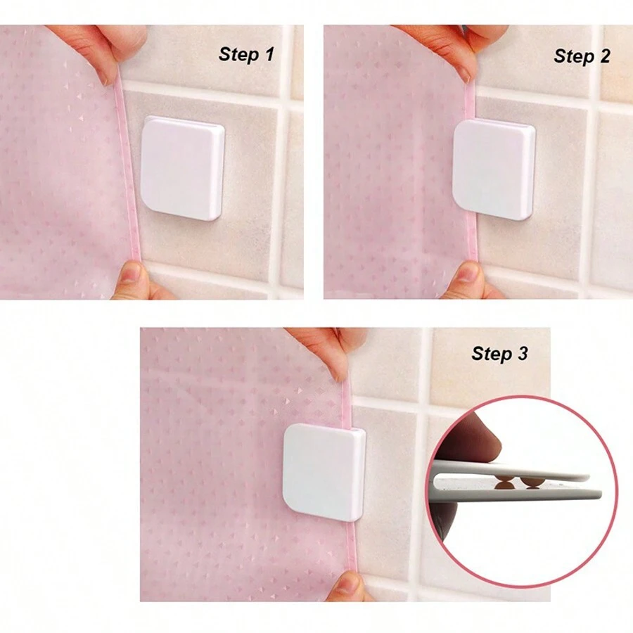 (2/4/6 piezas) Ganchos para cortina de ducha, clips adhesivos para cortinas para fijar los bordes de la cortina y evitar la exposición - Blanco - Ver 1