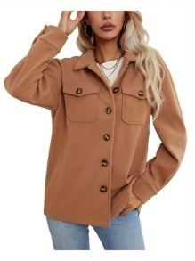 Women Long Sleeve Button-Up Coat, Solid Color/Plaid Print Lapel Neck Tops For Spring, Fall - Camel - View 3