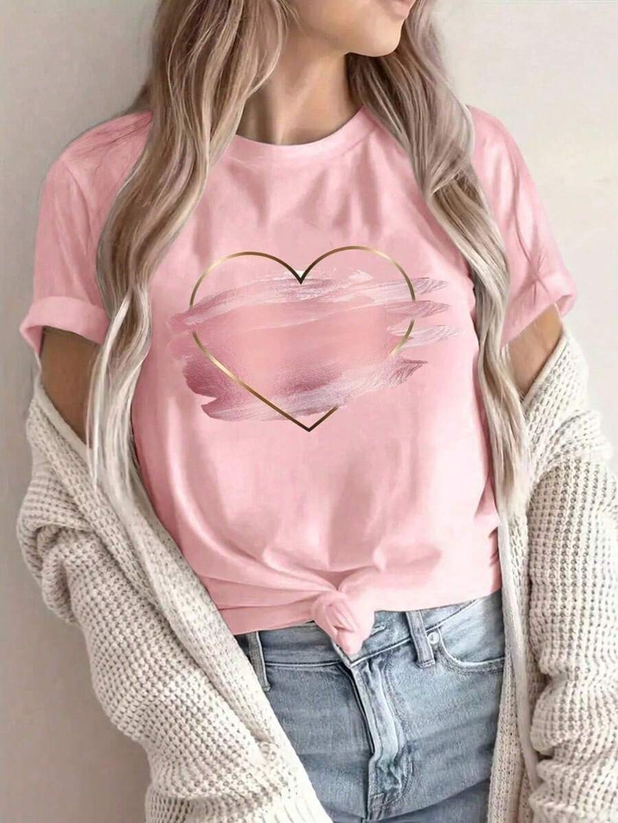 MURAMASA Summer Heart Print Short Sleeve T-Shirt - Pink - View 1