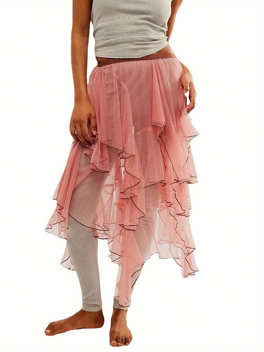 Women Sheer Tulle Skirt Casual Summer Irregular Layered Ruffled Elastic Skirt For Beach Vacation Club Streetwear - Pink - View 1
