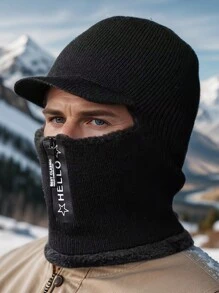 1Pc Casual Knitted Fabric Hat With Neck Warmer For Men, Winter Outdoor Riding Thick Fleece Balaclava Cap Beanie Fall Outfit - Multicolor - View 5