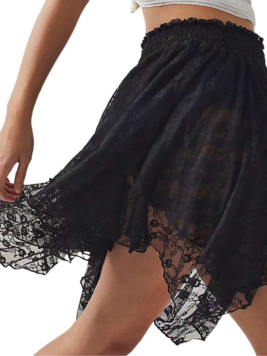 Minifaldas de verano para mujer, con dobladillo irregular y encaje floral, para uso diario, viajes y fiestas. - Negro - Ver 1
