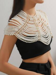 1pc Delicate & Elegant White Multi-Layer Faux Pearl Handmade Hollow Necklace & Body Chain, Adjustable Length, Suitable For Formal Wear & All Seasons