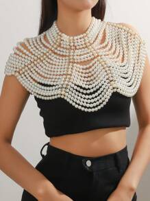 1pc Delicate & Elegant White Multi-Layer Faux Pearl Handmade Hollow Necklace & Body Chain, Adjustable Length, Suitable For Formal Wear & All Seasons