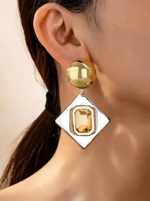 1 Pair Exaggerated Luxurious Fashionable Personalized Geometric Square & Rhinestone Color Block Metal Hoop Earrings For Women - Multicolor - View 12