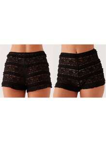 Women's Lace Shorts Slim Flower See Through Elastic Waist Mini Shorts For Summer Streetwear - màu đen - Xem 2