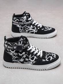 Men's Fashion Casual Sporty Skateboard Shoes, High Top Student Athletic Sneakers, Breathable Leather - Black - View 3