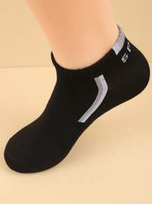 5 Pairs Men's Black Mesh Breathable Simple Letter Print Sport Ankle Socks, Suitable For Workout - Black - View 3