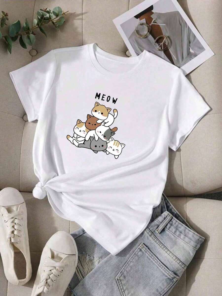 MURAMASA Cartoon Cat And Letter Print T-Shirt - 白色 - 查看 1