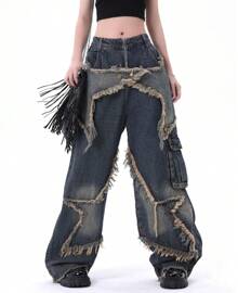 Y2K Baggy Jeans Women&Men Star Patch Aesthetic High Waist Straight Leg Pants Jnco Jeans Vintage Fashion Grunge Casual Hip Hop Loose Trousers Streetwear